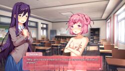 2girls accurate_art_style arms_crossed blue_skirt blush classroom crossed_arms desk desks doki_doki_literature_club english_text female female_only flushed looking_away multiple_girls naked natsuki_(doki_doki_literature_club) no_clothes nude nudist open_mouth pink_eyes pink_hair pink_text_box purple_eyes purple_hair skirt sprite sprite_edit text text_box uniform window yuri_(doki_doki_literature_club)