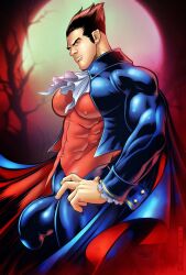 1male big_penis bulge clothing darkstalkers demitri_maximoff fully_clothed male male_focus male_only muscular muscular_male patrick_fillion pecs red_eyes solo solo_male