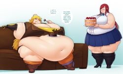 2girls bangs better_with_salt blonde_hair blush boots cake cleavage couch crossover earrings erza_scarlet fairy_tail female female_only food_on_face frills full_body gigantic_breasts gradient_background grin high_heels hyper_belly hyper_fat jacket knee_boots mechanical_arm morbidly_obese morbidly_obese_female obese obese_female pleated_skirt red_hair robotic_arm rwby scarf shocked simple_background sitting skirt sleeveless_shirt ssbbw standing story_at_source surprised thick_thighs very_long_hair weight_gain wide_eyed yang_xiao_long