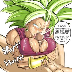 1girls big_breasts breasts dialogue dragon_ball female female_saiyan fusion kefla large_breasts male paizuri potara_earrings pseudocel saiyan speech_bubble text universe_6_saiyan/universe_7_saiyan