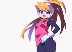 bangs blonde_hair blue_eyes bodystocking breasts capcom ciel_(mega_man) clothes_lift female female_focus gloves hair_between_eyes hand_on_hip helmet kaidou_zx lifted_by_self long_hair looking_at_viewer mega_man mega_man_zero no_panties open_mouth pink_skirt pink_vest ponytail simple_background skirt skirt_lift small_breasts smile solo swept_bangs very_long_hair vest white_background white_gloves