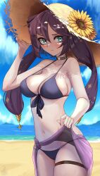 1girls 2022 absurd_res beach bikini black_hair breasts female female_only genshin_impact green_eyes hair_ornament hat hips large_breasts large_hat long_hair mona_(genshin_impact) outdoors purple_bikini slim_waist sun_hat thick_thighs thigh_strap thighs twintails unstableboiler wide_hips