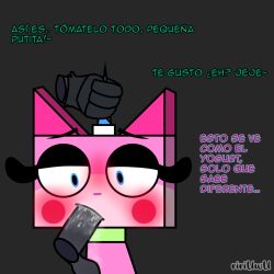 black_hat_(villainous) blue_eyes blush cum female half-closed_eyes pink_body pulling_horn spanish_text tagme text unikitty unikitty! villainous