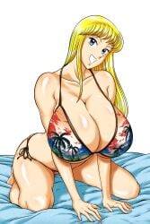 1girls big_breasts bikini blonde_female blonde_hair blue_eyes breasts busty female female_only gigantic_breasts huge_breasts kneeling kneeling_female kneeling_on_bed kochikame large_breasts long_hair massive_breasts mitsugu_buntai reiko_katherine_akimoto sigm1n simple_background solo solo_female string_bikini swimsuit thick_thighs thighs voluptuous white_background