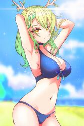 armpits arms_behind_head beach beauty_mark bikini blue_bikini blurred_background blurry_background ceres_fauna choker glare_(lighting) green_hair hololive hololive_english hololive_english_-council- hololive_english_-promise- horns jewelry medium_breasts midriff sideboob single_braid skjynx virtual_youtuber yellow_eyes