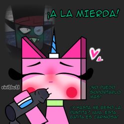 black_hat_(villainous) closed_eyes female kissing_penis penis pink_body spanish_text tagme text unikitty unikitty! villainous