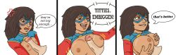 1boy 1girls alternate_breast_size big_breasts breast_expansion breasts comic dark-skinned_female dark_skin dialogue female female_focus interracial kamala_khan large_breasts light-skinned_male light_skin marvel marvel_comics ms._marvel paizuri small_breasts speech_bubble straight tan-skinned_female tara_(artist) text