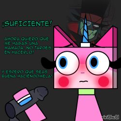 black_hat black_hat_(villainous) blue_eyes blush female looking_at_partner penis spanish_text tagme text unikitty unikitty! villainous