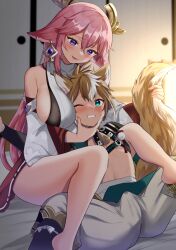 1boy 1girls 2022 ara_ara blue_eyes blush breast_pillow breasts dog_ears dog_tail erect_penis erection erection_under_clothes female femdom fox_ears fox_girl genshin_impact gorou_(genshin_impact) hand_on_another's_face hi_res kazepana large_breasts male mature_female older_female one_eye_closed pants pink_hair purple_eyes sideboob smile spread_legs straight tail_grab yae_miko