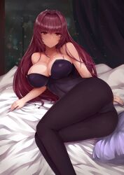 black_legwear bunnysuit fate/grand_order fate_(series) laying_down laying_on_bed legwear looking_at_viewer lying lying_on_bed pantyhose purple_hair scathach_(fate) smile smiling smiling_at_viewer zcheng_weibing