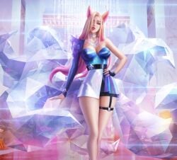 9_tails ahri alternate_costume alternate_hair_color alternate_hairstyle animal_ear_fluff animal_ears animal_girl big_breasts blonde_female blonde_hair breasts busty child_bearing_hips cleavage clothing crystal_tail curvaceous curves curvy curvy_body curvy_female curvy_figure curvy_hips eyelashes eyeliner eyeshadow facial_markings female fluffy fluffy_ears fox fox_ears fox_girl fox_tail hips hourglass_figure humanoid inner_ear_fluff k/da_ahri k/da_series kemonomimi kitsune large_breasts league_of_legends light-skinned_female light_skin lips lipstick long_hair multiple_tails nine_tailed_fox pale-skinned_female pale_skin pose posing riot_games tail thighs vastaya video_games wickellia yellow_eyes