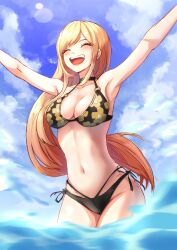 armpits bikini blonde_hair breasts choker female female_only gyaru kitagawa_marin long_hair open_mouth smile solo sono_bisque_doll_wa_koi_wo_suru super_uncle very_long_hair water