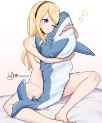 1girls alice_margatroid artist_logo artist_name barefoot blahaj blonde_hair blue_eyes blush blushing completely_naked completely_nude completely_nude_female cuddling female female_only headband hugging_plushie ikea ikea_shark lewdlux light-skinned_female light_skin long_hair naked nude nude_female one_eye_closed patreon_username plush_toy plushie shark_plush shark_plushie simple_background small_breasts solo star_symbol thick_thighs touhou white_background wholesome