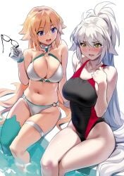 2girls ahoge big_breasts bikini black_swimsuit blonde_hair blue_eyes blush embarrassed fate/grand_order fate_(series) glasses happy jeanne_alter jeanne_alter_(swimsuit_berserker) jeanne_d'arc_(fate) jeanne_d'arc_(fate)_(all) jeanne_d'arc_(swimsuit_archer) large_breasts long_hair multiple_girls one-piece_swimsuit pool swimsuit swimwear thick_thighs thigh_highs water wet white_hair white_swimsuit wide_hips yang-do yd_(orange_maru) yellow_eyes