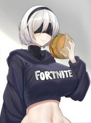 1girls belly_button big_breasts blindfold blindfolded bottomless breasts burger clothes_writing desspie female female_only fortnite hamburger hoodie large_breasts nier:_automata nier_(series) solo solo_female yorha_2b