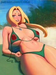 1girls alternate_version_available areolae beach big_breasts bikini bikini_bottom bikini_top blonde_hair breasts brown_eyes crimson_kaiserin female female_only forehead_jewel forehead_mark green_bikini green_bikini_bottom green_bikini_top hair hokage huge_breasts lips mature mature_female mature_woman milf naruto naruto_(classic) naruto_(series) naruto_shippuden necklace nipples red_lips red_lipstick shounen_jump solo solo_female swimsuit swimwear tanned tanned_skin thick_lips thick_thighs thighs tsunade wide_hips