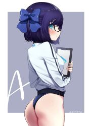 a-chan_(hololive) alternate_costume ass blue_background blue_eyes blue_hair blue_swimsuit blush border bow breasts character_name clipboard cowboy_shot female glasses hairbow highres hiroikara_(smhong04) holding holding_clipboard hololive hololive_staff jacket logo looking_at_viewer medium_breasts no_pants one-piece_swimsuit solo sweatdrop swimsuit swimsuit_under_clothes thighs track_jacket twitter_username virtual_youtuber white_border white_jacket