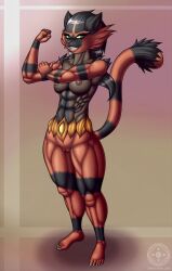 abs anthro anthrofied big_ass big_breasts black_fur breasts cute felid feline felis female female_incineroar fur furry furry_only hi_res incineroar muscular muscular_anthro muscular_female nintendo pokémon pokémon_(species) pokemon pokemon_(species) pussy red_fur smile solo standing tail tanukiarts thick_thighs tomboy