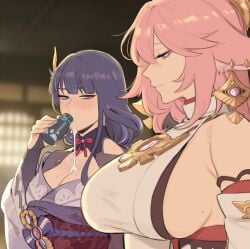 2girls animal_ears big_breasts blush breast_envy clothed earrings female female_only genshin_impact girl_staring_at_guy's_chest hair_ornament japanese_clothes kimono large_breasts lesbian maiqo meme mole mole_on_breast mole_under_eye pink_hair purple_eyes purple_hair raiden_shogun sake sideboob voluptuous yae_miko yuri