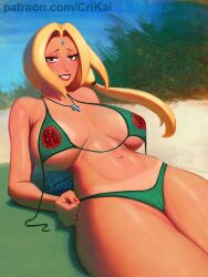 1girls alternate_version_available areolae beach big_breasts bikini_bottom bikini_top blonde_hair breasts brown_eyes crimson_kaiserin female female_only forehead_jewel forehead_mark green_bikini green_bikini_bottom green_bikini_top hair hokage huge_breasts lips mature mature_female mature_woman milf naruto naruto_(classic) naruto_(series) naruto_shippuden necklace nipples red_lips red_lipstick shounen_jump solo solo_female swimsuit swimwear tan tan_body tan_skin tanline tanlines tanned tanned_skin thick_lips thick_thighs thighs tsunade