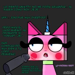 black_hat_(villainous) blue_eyes blush cum cum_in_mouth female half-closed_eyes penis pink_body spanish_text tagme text unikitty unikitty! villainous