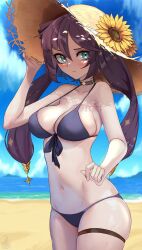 1girls 2022 absurd_res beach bikini black_hair breasts female female_only genshin_impact green_eyes hair_ornament hat hips large_breasts large_hat long_hair mona_(genshin_impact) outdoors purple_bikini slim_waist sun_hat thick_thighs thigh_strap thighs twintails unstableboiler wide_hips