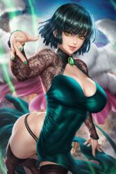 1girls arm_up armpits aura bangs belly belly_button big_breasts bob_cut breasts busty cleavage clothed clothing coat covered_navel curvaceous curvy curvy_body curvy_female curvy_figure dark_green_hair dress esper eye_contact eyelashes female female_focus female_only flying fringe front_view fubuki_(one-punch_man) full_body green_aura green_eyes green_hair heroine hips large_breasts legs light-skinned_female light_skin lips lipstick long_sleeves looking_at_viewer medium_hair midriff nails necklace neoartcore one-punch_man panties pink_lips pink_lipstick pointing_at_viewer psychic revealing_clothes shiny_skin short_hair skirt_removed slim slim_waist smile smiling smiling_at_viewer solo solo_female solo_focus stockings stomach telekinesis thick thick_thighs thighs thin_waist thong tight_clothing toned toned_body toned_female toned_stomach underwear voluptuous waist wide_hips