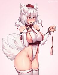 1girls animal_ear_fluff animal_ears areola_slip big_breasts blush bondage breasts bridal_gauntlets cleft_of_venus collar cowboy_shot female femsub hair_between_eyes hat heart heart-shaped_pupils highres hourglass_figure iwbitu leash momiji_inubashiri nipples open_mouth red_eyes red_headwear short_hair silver_hair slave slim_waist smile solo submissive submissive_female symbol-shaped_pupils tail tail_wagging tailwag teeth thighhighs tokin_hat touhou wedgie white_thighhighs wide_hips wolf_ears wolf_tail