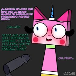 black_hat_(villainous) blue_eyes blush female looking_at_partner looking_nervous penis pink_body spanish_text tagme text unikitty unikitty! villainous