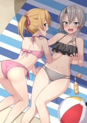 2girls akahi242 all_fours aqua_eyes ass ass_visible_through_thighs asymmetrical_hair ball bangs beachball bikini blonde_hair blue_eyes feet_out_of_frame flipped_hair grey_hair hand_under_clothes hand_under_swimsuit highres kantai_collection looking_at_viewer lotion lying maikaze_(kantai_collection) mismatched_bikini multiple_girls navel nowaki_(kantai_collection) pink_bikini ponytail scrunchie short_hair side-tie_bikini_bottom sunscreen swept_bangs swimsuit yuri