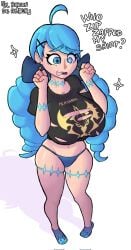 big_breasts blue_eyes blue_hair blue_panties broken_cloth dialogue el_rincon_de_amber female_only gwen_(league_of_legends) league_of_legends league_of_legends:_wild_rift pale-skinned_female pale_skin panties pentakill_series shirt socks stiches tagme tattoo thick_thighs watermark white_background