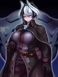 big_breasts black_and_white_hair black_clothing black_eyes cape cleavage female female_only fully_clothed gloves looking_at_viewer made_in_abyss nyosaku ozen short_hair solo two_tone_hair wide_hips