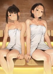 2girls arms bare_shoulders blush brown_eyes brown_hair calves cleavage collarbone convenient_censoring douki-chan's_boss_(yomu_(sgt_epper)) douki-chan_(yomu_(sgt_epper)) female female_only ganbare_douki-chan highres legs light-skinned_female nail_polish nails sauna short_hair sitting steam sweat sweating tired_eyes towel yomu_(sgt_epper)