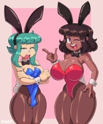 1futa 1girls 2022 balls bangs big_hips breasts brown_hair bulge bunny_ears bunnysuit clothed clothing dark-skinned_female dark_skin duo erect_nipples_under_clothes erection female fully_clothed futanari green_hair half-closed_eyes heather_(kaapcom) huge_breasts huge_cock huge_hips human irenne kaapcom_(artist) light-skinned_futanari light_skin medium_breasts one_eye_closed open_mouth orange_eyes pantyhose penis short_hair sidelocks source_request teal_hair thick_thighs thin_waist wide_hips