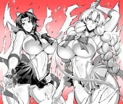 2girls alternate_breast_size alternate_costume big_breasts bishoujo_senshi_sailor_moon black_and_white black_hair bow braid braided_hair braided_twintails breasts breasts_bigger_than_head butterfly_hair_ornament cosplay demon_slayer female female_only hair_ornament holding_object holding_sword holding_weapon holding_whip huge_breasts jet_puri kanroji_mitsuri kimetsu_no_yaiba kochou_shinobu large_breasts leotard long_hair monochrome multiple_girls nipple_bulge nipples sailor_saturn_(cosplay) sailor_venus_(cosplay) skirt small_waist source_request sword thick_thighs tummy twintails whip wide_hips