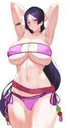 1girls 2022 angry armpits arms_up bikini breasts embarrassed eyepatch_bikini fate/grand_order fate_(series) female female_only hips huge_breasts light-skinned_female light_skin long_hair looking_at_viewer mature_female milf minamoto_no_raikou_(fate/grand_order) minamoto_no_raikou_(swimsuit_lancer) purple_bikini purple_eyes purple_hair sakanaaj1 simple_background thick_thighs thighs white_background wide_hips