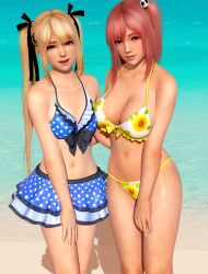 2girls 3d 3d_(artwork) absurdres beach bikini bikini_bottom bikini_top blonde_hair blue_eyes breasts cleavage clevage clothed clothing dead_or_alive dead_or_alive_5 female female_focus female_only hair_ornament hair_ribbon highres honoka_(doa) large_breasts long_hair looking_at_viewer marie_rose navel ocean outdoors petite pink_eyes pink_hair radianteld shiny_skin side_ponytail skirt small_breasts source_filmmaker standing summer swimsuit twintails very_long_hair