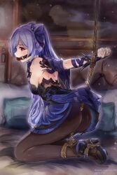 absurdres ass ball_gag bare_shoulders blush bondage bound bound_wrists breasts clothes_lift dress female gag gagged genshin_impact hair_ornament hair_ribbon high_heels highres keqing_(genshin_impact) keqing_(opulent_splendor)_(genshin_impact) kneeling long_hair looking_at_viewer nero_augustus pantyhose purple_hair red_eyes ribbon shiny shiny_clothes shiny_hair shiny_skin sideboob skirt skirt_lift solo twintails very_long_hair