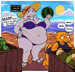 alphys anthro anthro_only belly big_belly bra chubby fat fruit fruit_stall furry furry_only kafrizzzle melon melons talking talking_to_another toriel undertale undertale_(series)