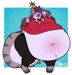 anthro ass belly big_ass big_belly big_butt clothed eating exposed_belly food furry huge_belly kafrizzzle massive_belly standing stuffed stuffing