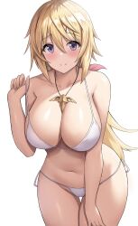 1girls absurdres big_breasts bikini blonde_hair breasts cameltoe charlotte_dunois female infinite_stratos jasony leaning_forward light_skinned_female necklace pendant ponytail purple_eyes side-tie_bikini_bottom tagme thick_thighs white_background white_bikini