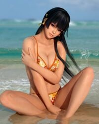 1girls 3d 3d_(artwork) beach bikini black_hair blue_sky breasts dead_or_alive dead_or_alive_5 female female_focus female_only hair_ornament highres hime_cut long_hair nyotengu ocean outdoors purple_eyes radianteld sitting sky solo solo_focus summer swimsuit underwear very_long_hair wet_skin