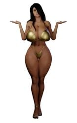 3d 3d_(artwork) bare_shoulders beauty_mark big_breasts bikini black_hair breasts breasts_together curvy dark_skin egyptian egyptian_female farah feet female female_only footwear front_view full_body gesture golden_bikini gritted_teeth hair_over_one_eye high_heels hourglass_figure huge_breasts large_breasts legend_of_queen_opala long_hair mediterranean milf nail_polish sandals shrug smiling snoopz solo tall_female tan_skin thick_thighs thigh_gap white_background wide_hips