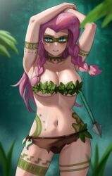 amazon blue_eyes facepaint fluttershy_(mlp) friendship_is_magic humanized iojknmiojknm large_breasts leaf_clothing my_little_pony pink_hair spear straight_hair twin_braids