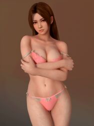 1girls 3d 3d_(artwork) absurdres bikini bra breasts brown_eyes brown_hair fatal_fury female female_focus female_only hair_down highres king_of_fighters lingerie long_hair looking_at_viewer mai_shiranui navel pink_bra pink_lingerie pink_panties radianteld snk solo swimsuit thong underwear