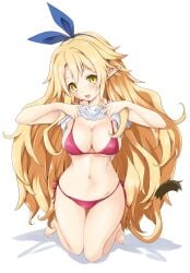 bikini bikini_bottom bikini_top blonde_female breasts disgaea disgaea_5 iwasi_r large_breasts liezerota nippon_ichi_software pointy_ears shirt_lift tail very_long_hair