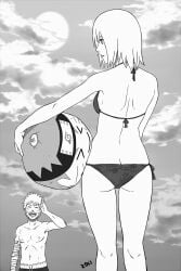 1boy1girl ass ass_cleavage backboob bandaged_arm bandages beach beach_ball bikini breasts butt_crack couple from_behind holding_object long_hair looking_at_another looking_at_partner male/female monochrome naruto naruto_(series) naruto_shippuden outdoors revealing_swimsuit sakura_haruno shirtless shirtless_(male) short skimpy skimpy_bikini swimsuit tokai uzumaki_naruto waving