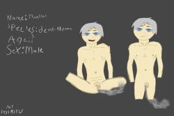 anthro blue_eyes demi-human genitals grey_hair hair humanoid_genitalia humanoid_penis male male_only nude penis solo thanthal young