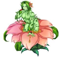 1boy abs alraune_(monster_girl_encyclopedia) colored_skin flower genderswap_(ftm) green_skin highres long_hair looking_at_viewer male_focus male_only monster_boy monster_girl_encyclopedia muscular muscular_male nipples partially_submerged pectorals pinup_(style) plant plant_boy purple_pupils rule_63 solo sourshock