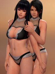 2girls 3d 3d_(artwork) absurdres amber_eyes bangs black_bra black_hair black_panties blunt_bangs bra breasts brown_eyes cleavage crossover dead_or_alive dead_or_alive_5 female female_only gradient_background highres hime_cut large_breasts lingerie long_hair looking_at_viewer mole_under_mouth momiji_(ninja_gaiden) ninja_gaiden nyotengu panties parted_lips purple_eyes radianteld simple_background standing underwear underwear_only